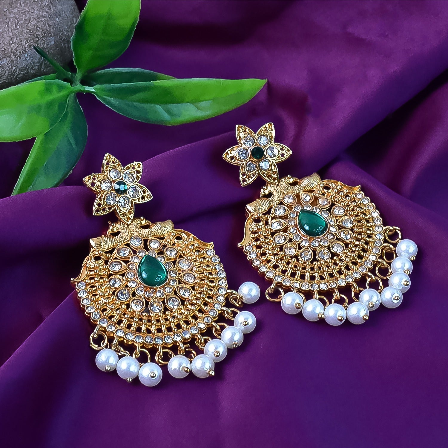 Beautiful Crafted Peacock Design American Diamond Pearl Earrings (1 Pair)