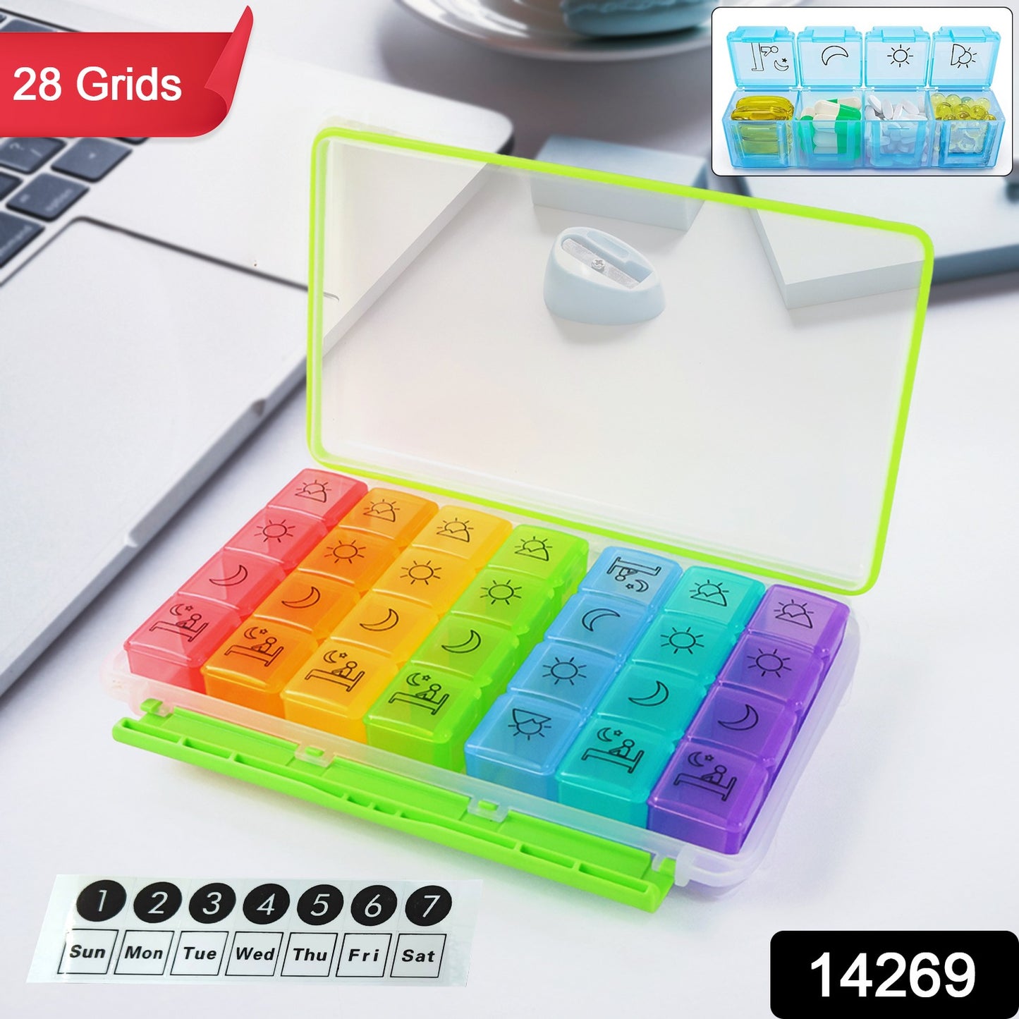 Color-Coded 28 Grids Medicine Box