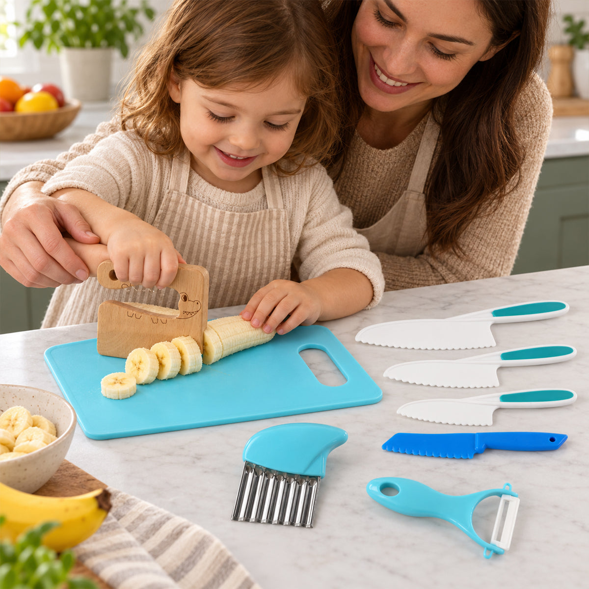 Kids Kitchen Set with Knives, Board, Peeler and Crinkle Cutter (8 In 1)