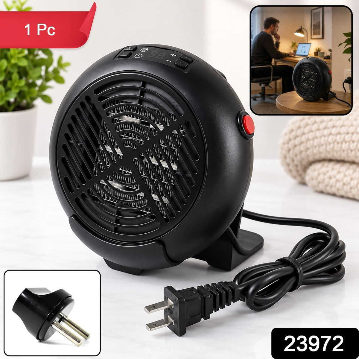 Compact Electric Room Heater with Temperature and Timer Controls (1 Pc With 2 Plug Pin)