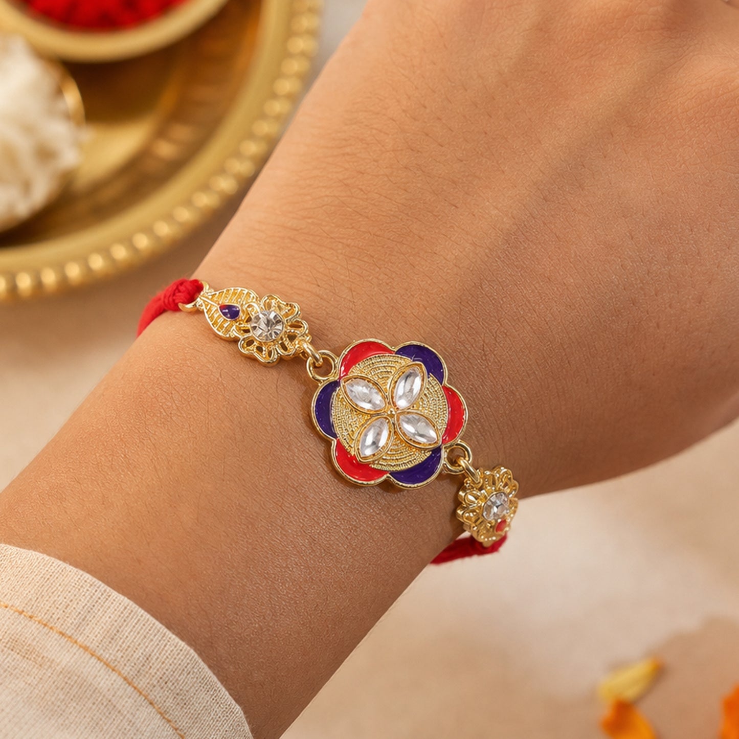 Ornate Rakhi with Floral Medallion, multicolor stones and display look for Gift Use