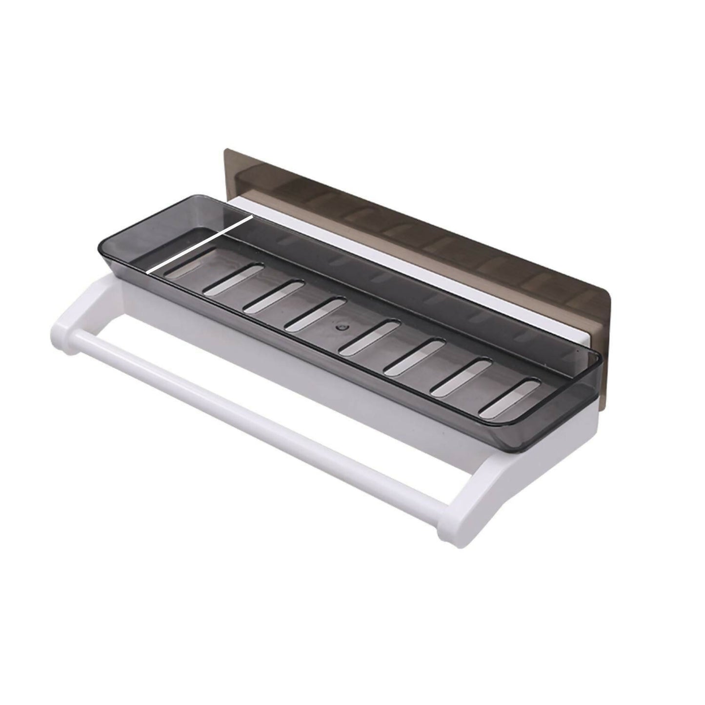 Wall shelf with towel rack holding toiletries and towels neat and organized