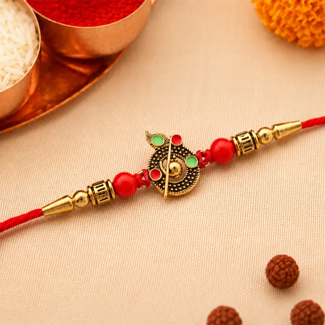 Krishna Rakhi placed decoratively on a thali, ready for Rakshabandhan rituals.