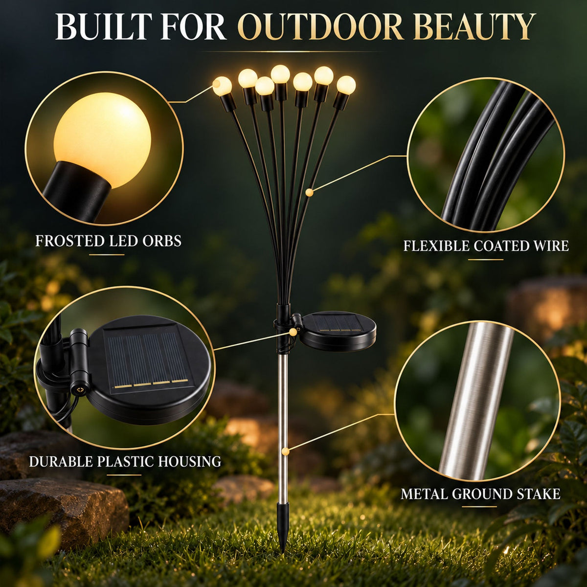 A solar firefly light with eight white orbs in a garden, with four feature callouts for frosted orbs, flexible wire, durable