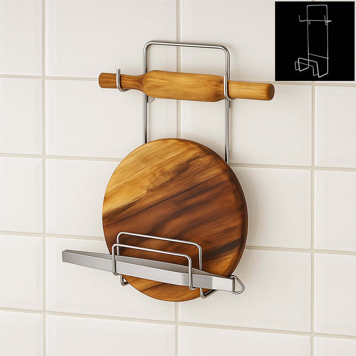 चकला बेलन चिमटा स्टैंड रोलिंग पिन बोर्ड टोंग होल्डर सिल्वर स्टेनलेस स्टील मल्टी-पर्पस रैक किचन के लिए (1 पीस)