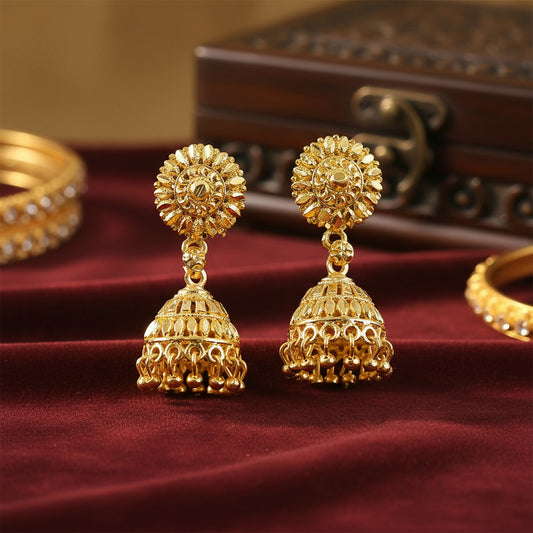 Gold plated jhumka earrings with circular floral top and bell-shaped drop