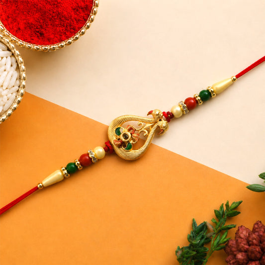 Elegant Designer Rakhi for Brother with colorful beads on a clean white background.