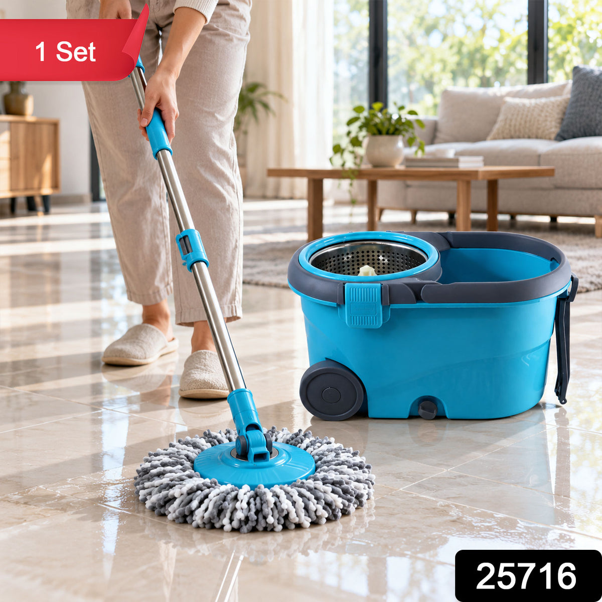 Spin Mop Bucket Set with Steel Wringer, Wheels and 2 Microfiber Refills