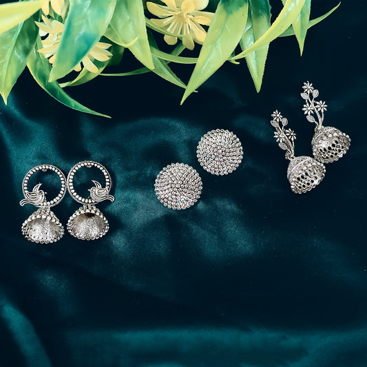 Silver Oxidised Earrings With Different Pattern (3Pc)