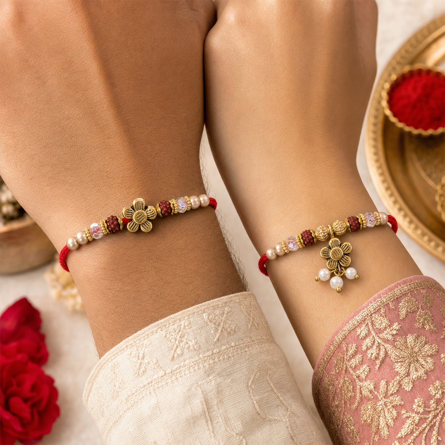 Divine Floral Motif Design Bhai Bhabhi Rakhi with Flower and Pearl Drop for Gifting