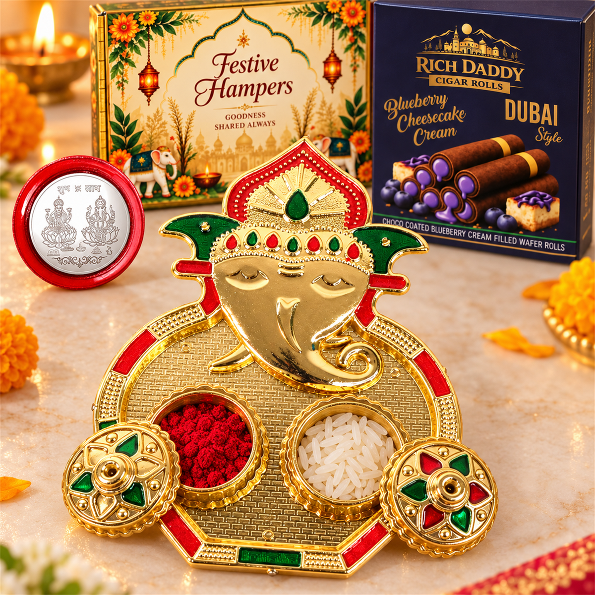 Ganesh Kumkum Dish & Blueberry Cheesecake Wafer Rolls Festive Gift Hamper