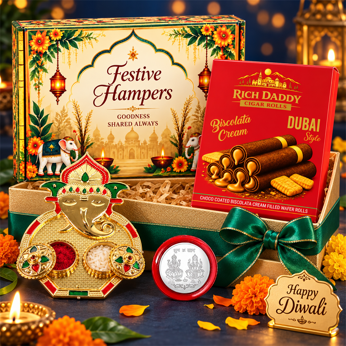 Ganesh Kumkum Dish & Biscolata Wafer Rolls Festive Gift Hamper