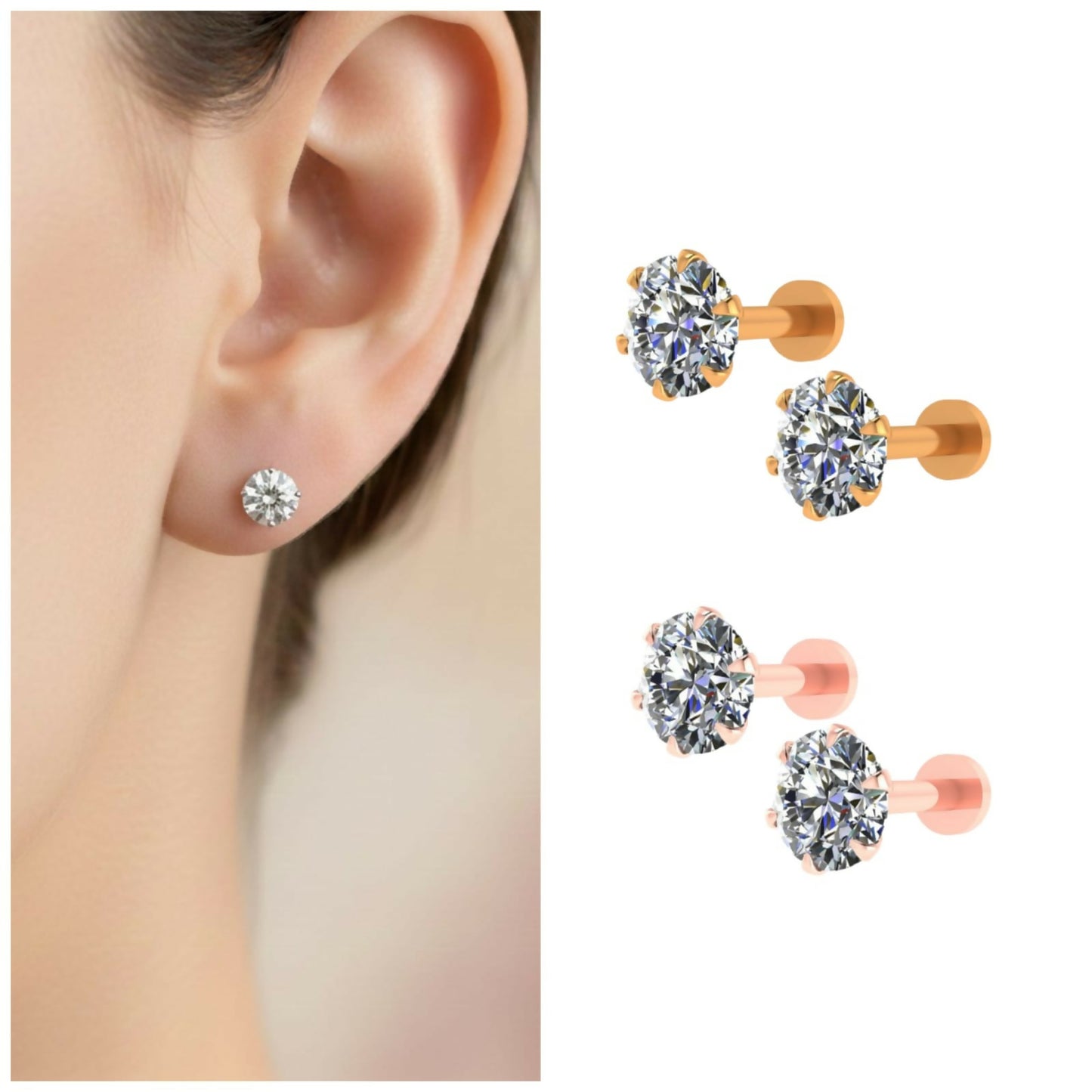 Flat back CZ solitaire stud earrings front view showcasing key design