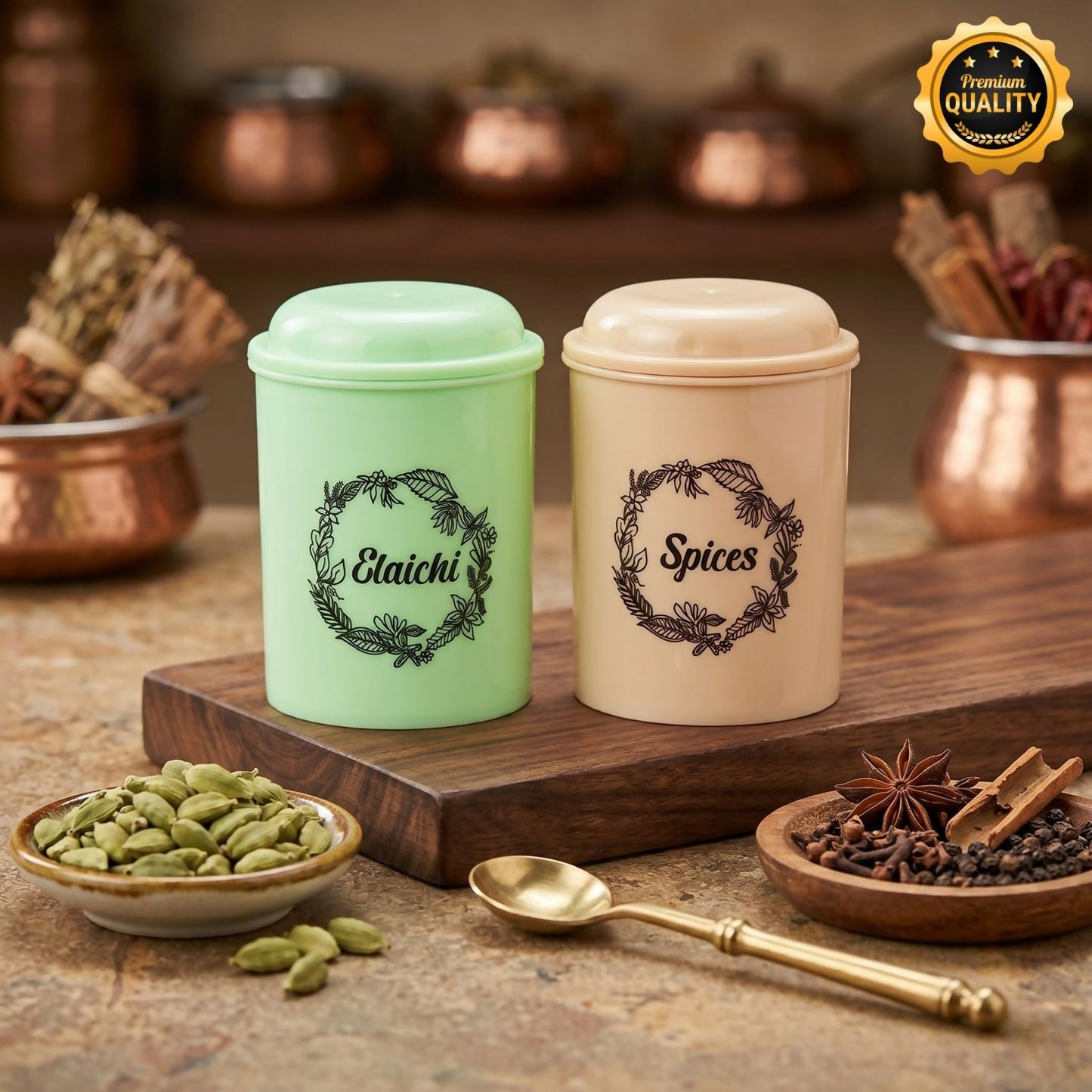 Set of 2 airtight spice storage jars with pastel green lids