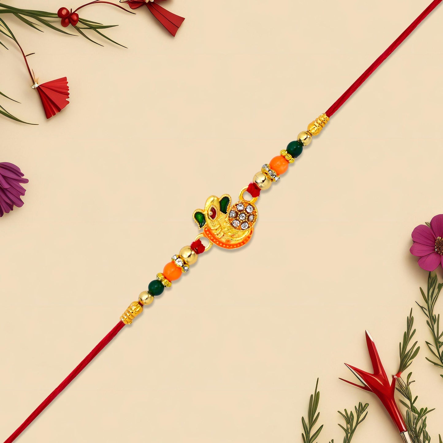 Om Rakhi for Brother Traditional Multicolor Beads on Red Thread (10pcs)