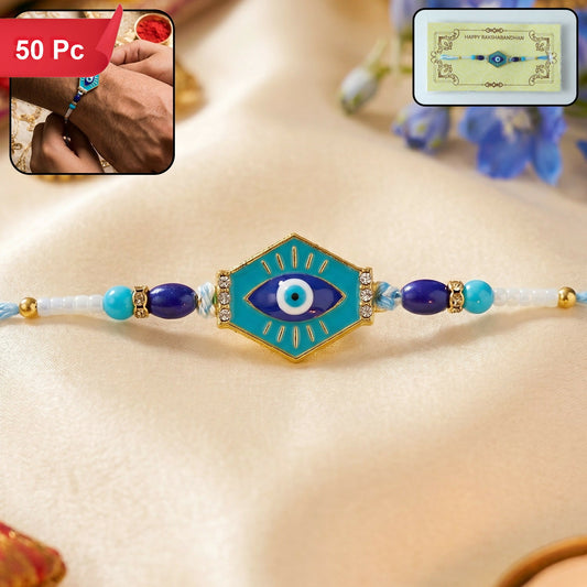 A light blue string bracelet features a central turquoise hexagon with a blue evil eye, flanked by dark blue, light blue,