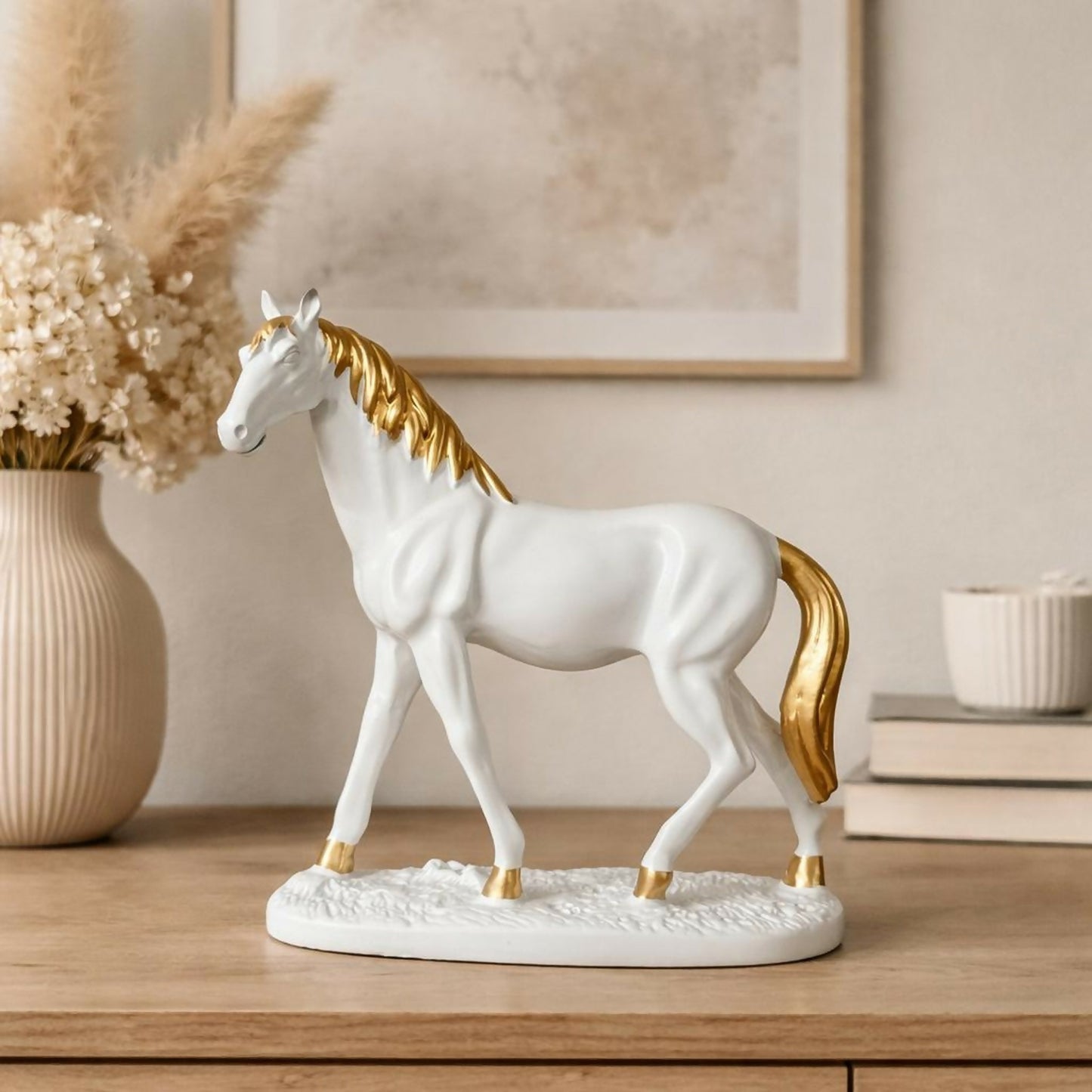 White Horse Showpiece for Home Decor with Gold Finish