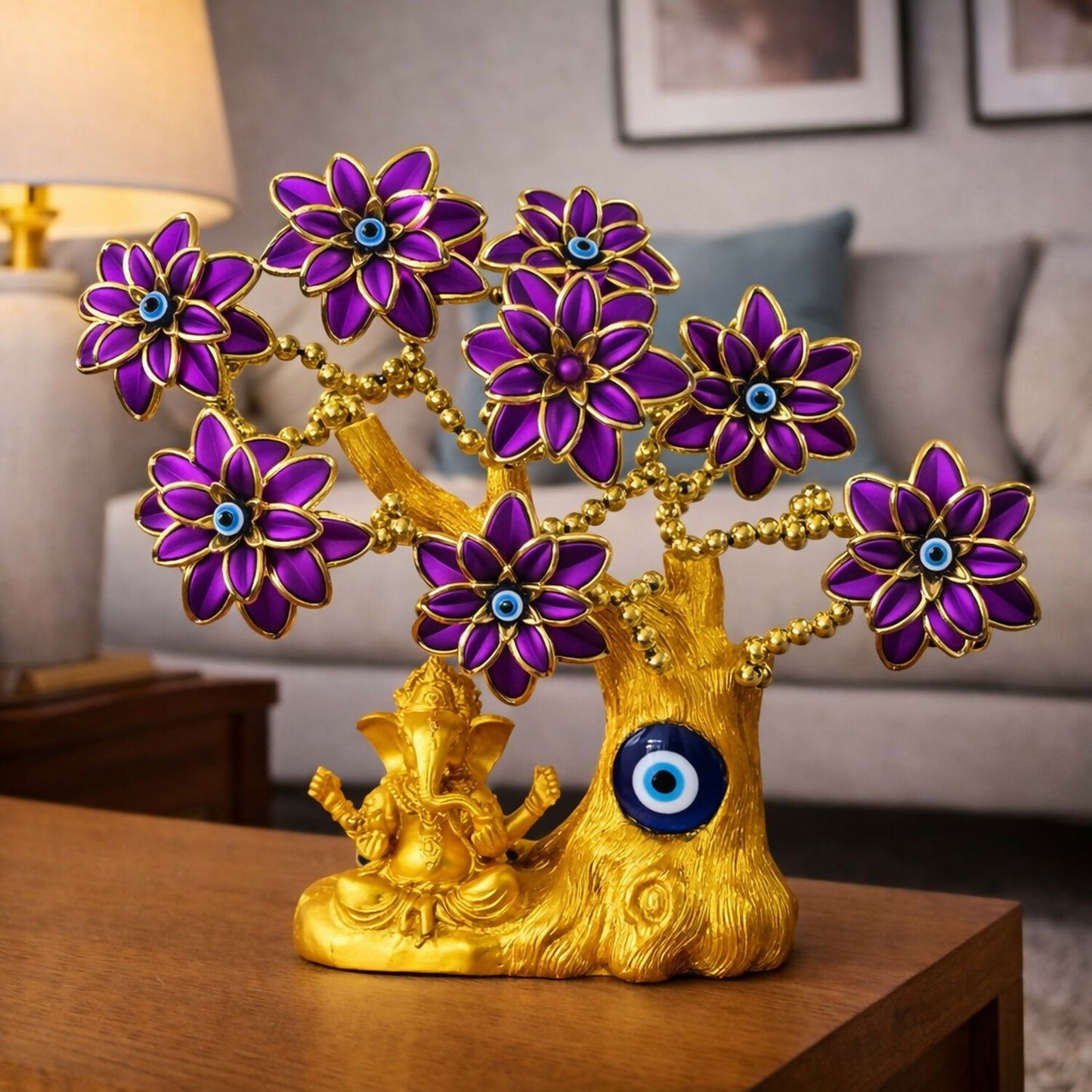 Golden Ganesh Tree with Purple Flowers & Evil Eye | Decorative Showpiece