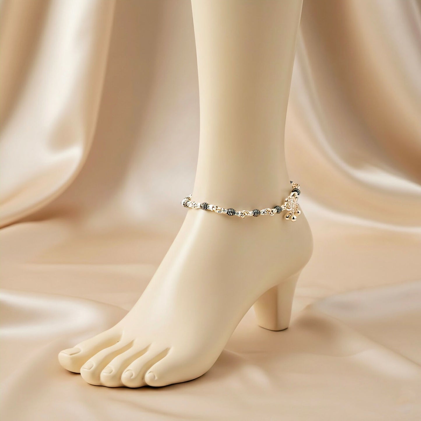 Silver Anklets - Black Beads & Heart Charm