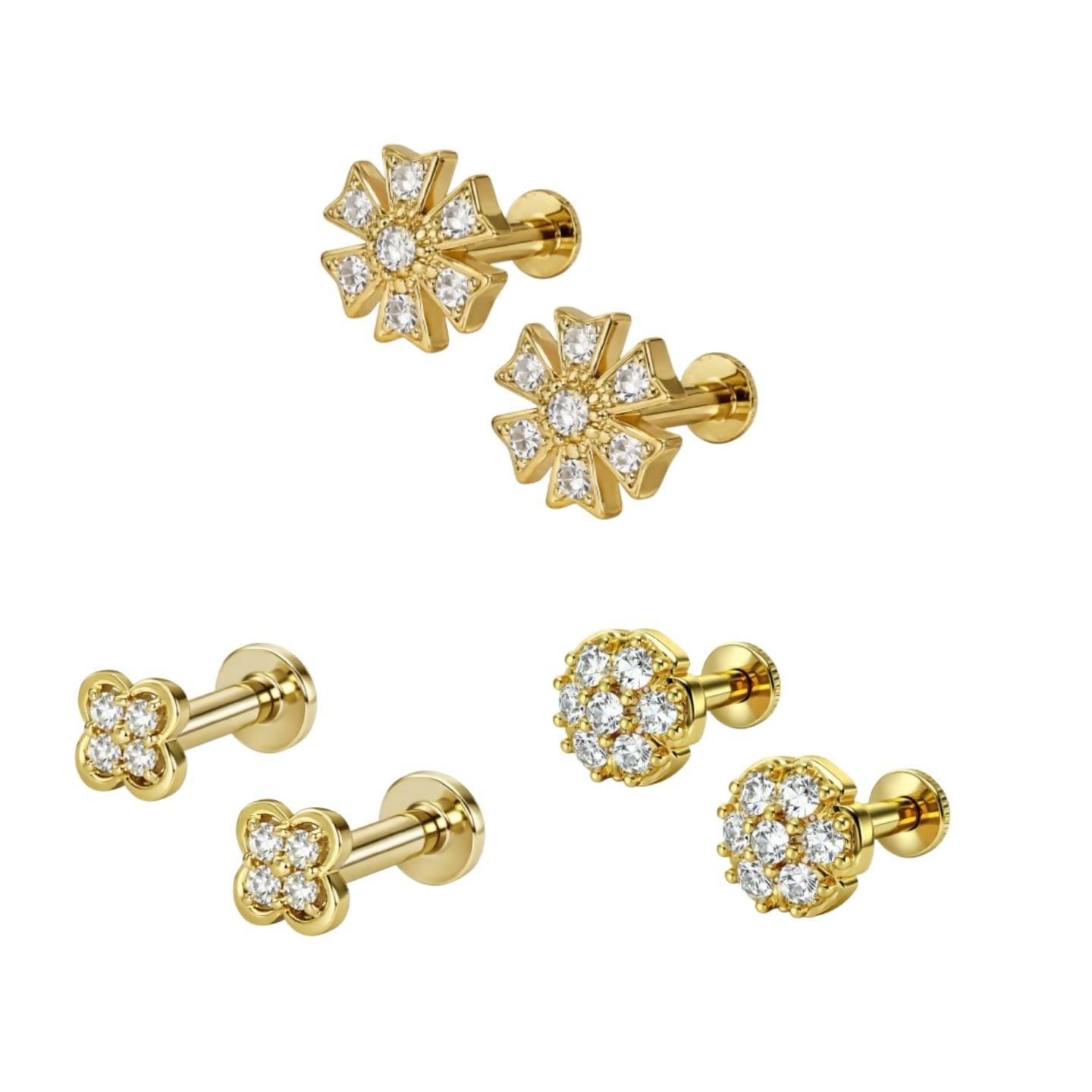 Silver plated starburst petal flat back stud earrings in a combo pack