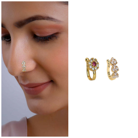 No Piercing CZ Nath Clip-On Nose Ring Set (Gold & Silver) Combo Pack of 2