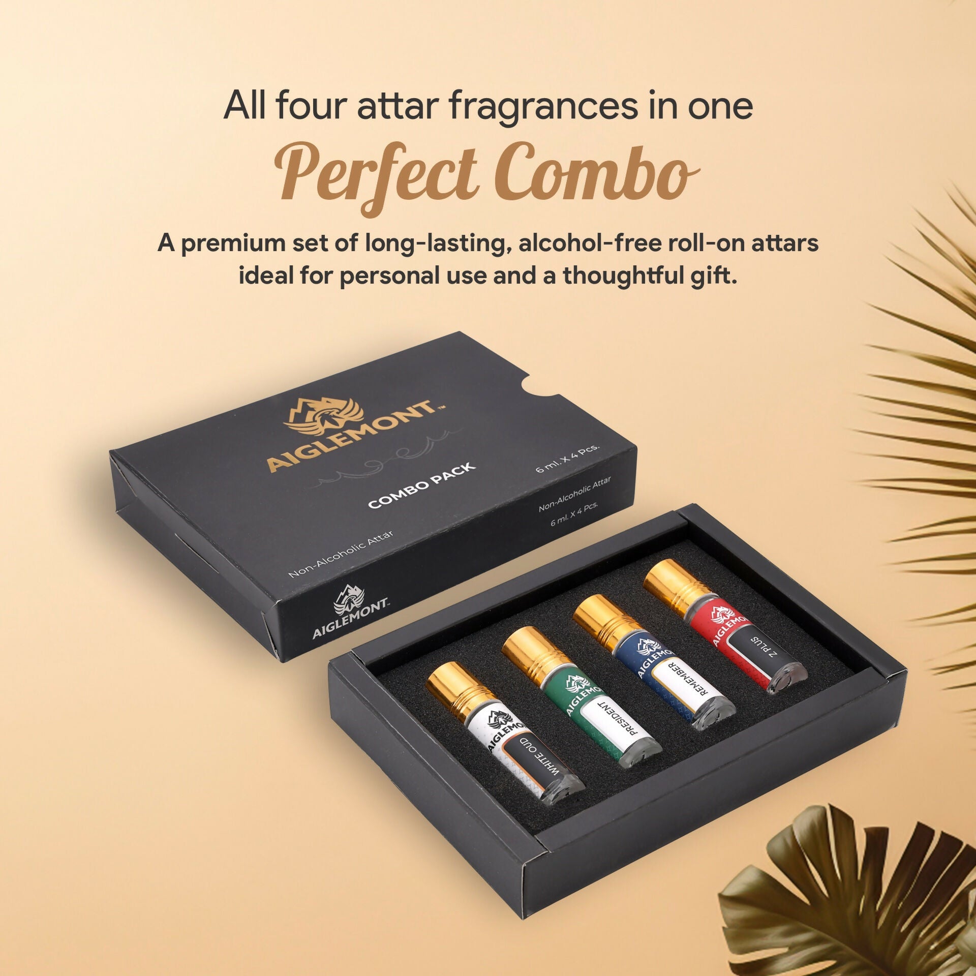 Aiglemont Non-Alcoholic Roll on Attar Combo Set (White Oud, President, Remember, Z Plus) (4Pcs x 6ml) Alcohol free Attar, Ittar, Itr, Atar, Athar, Itra