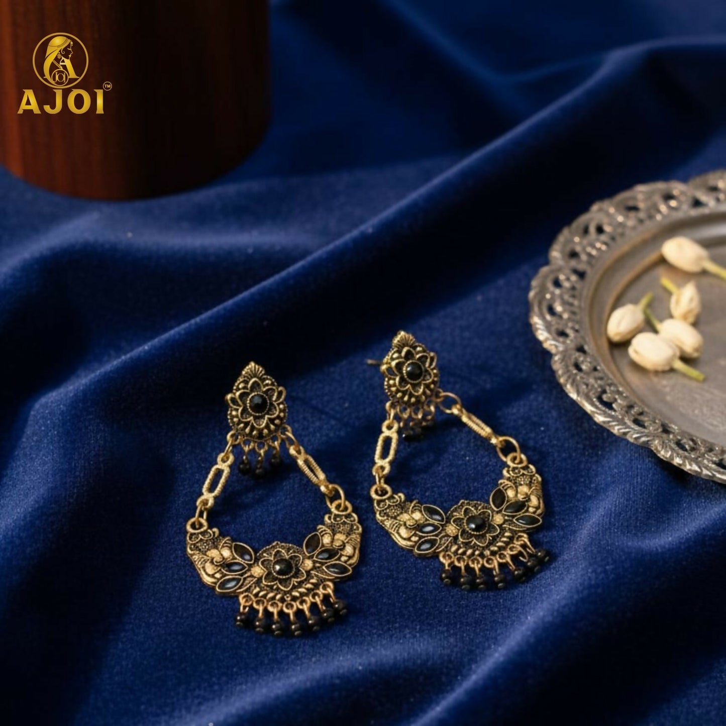 Antique Gold-Plated Black Stone Floral Chandbali Earrings for Women