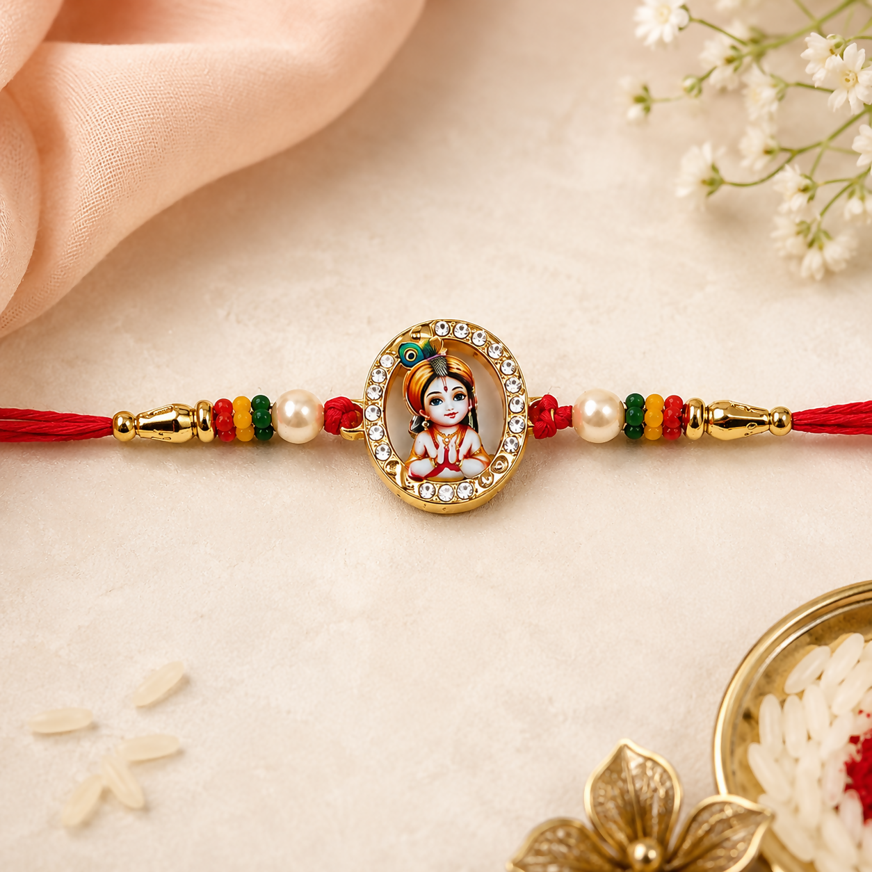 A red thread bracelet with a gold oval Bal Krishna charm, pearls, and colorful beads is centered on a light beige surface