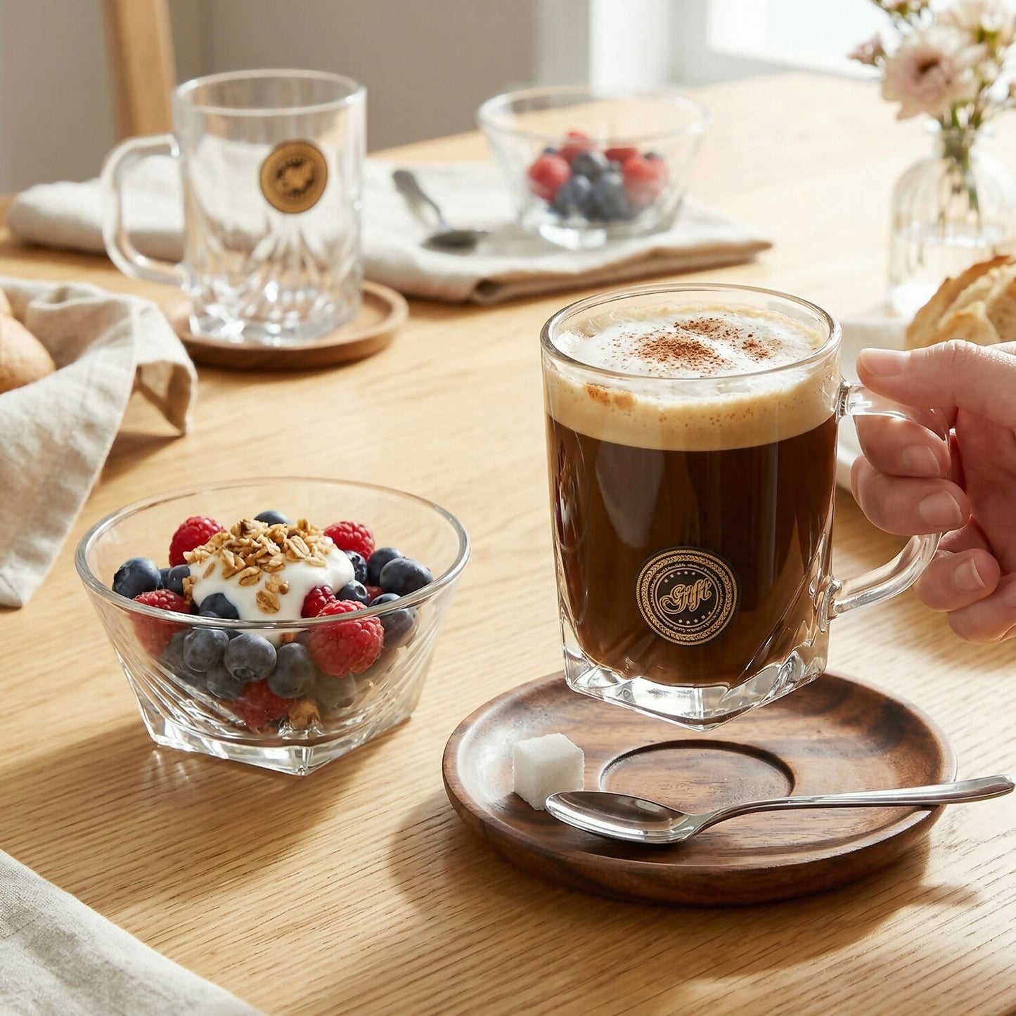 Black Berry 4-Piece Glassware Gift Set - 2 Elegant Coffee Mugs & 2 Crystal Snacks Bowls | Premium Transparent Crockery Set for Home & Gifting