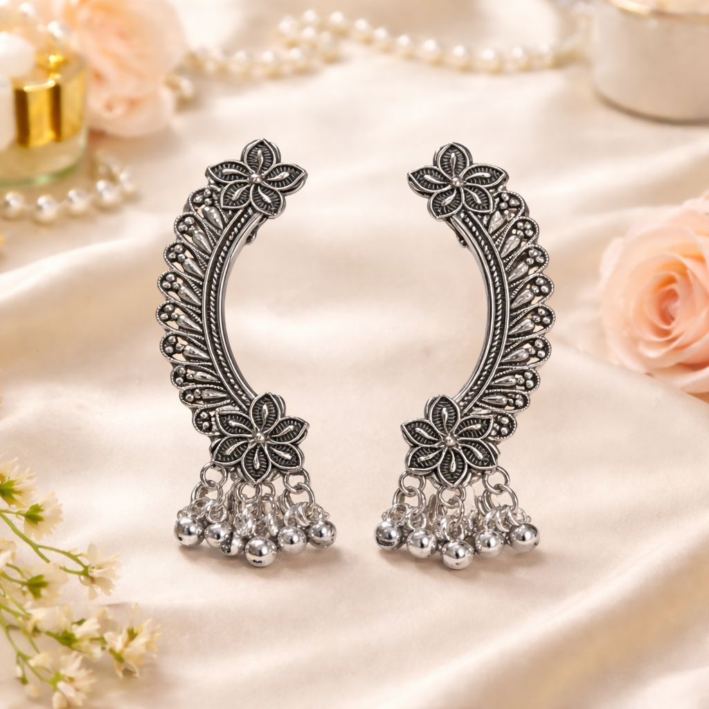 Elegant Oxidised Silver Ear Cuff Earrings with Ghungroo for Women