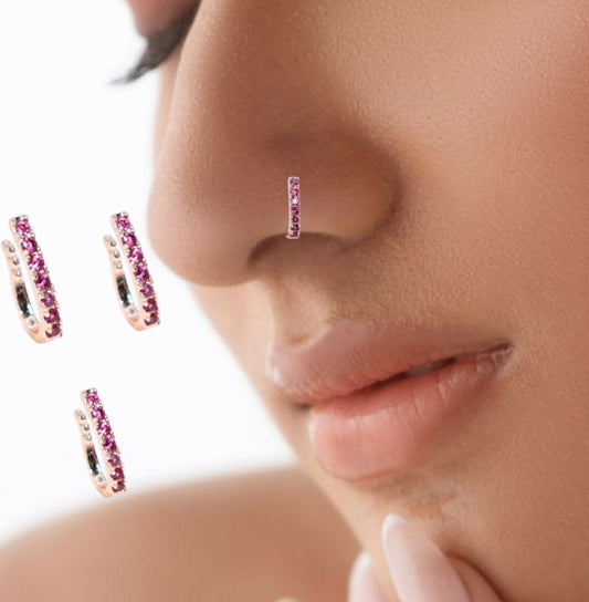 Rose Gold Pink CZ Double Row Non-Pierced Nose Cuff/Ring Combo Pack of 3
