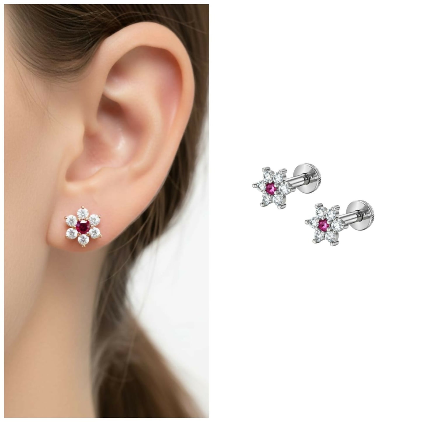 Elegant silver-plated ruby floral stud earrings with clear crystal accents