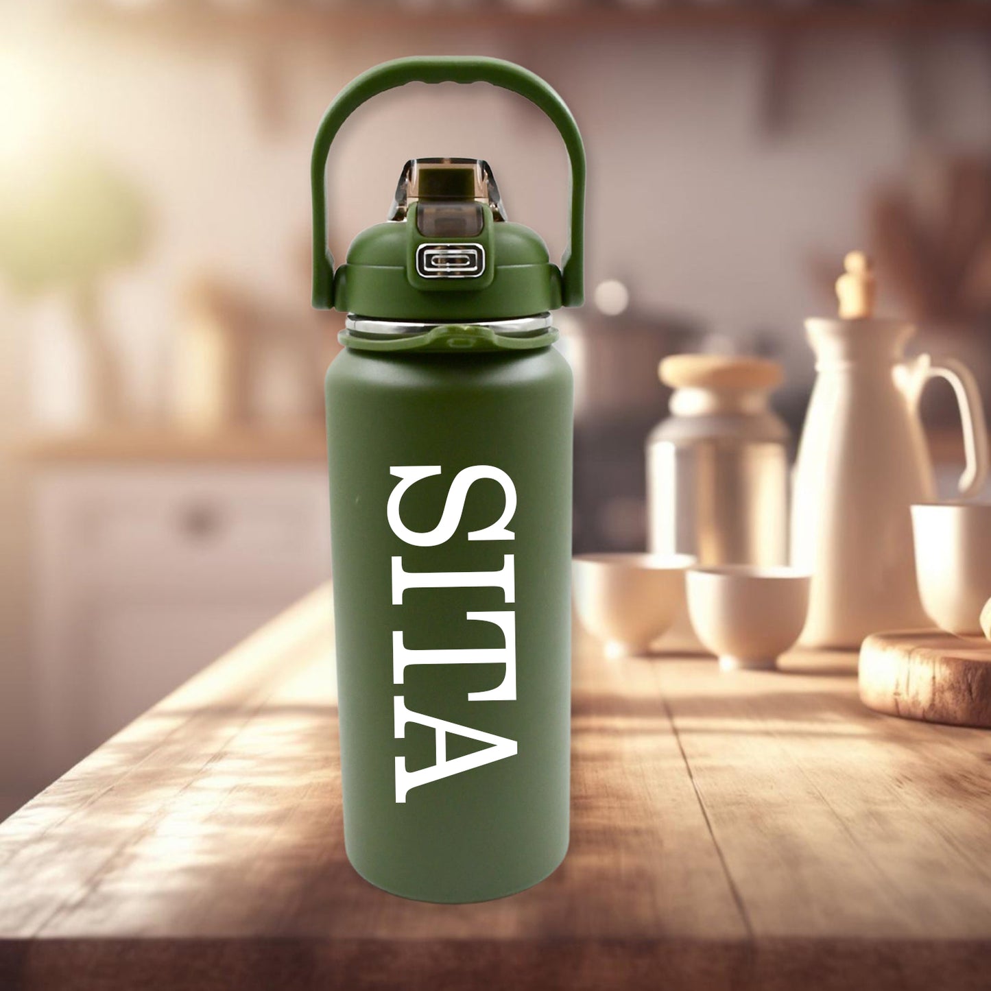 Customize Stainless Steel Water Bottle with Straw, Strap & Handle Vacuum Insulated Thermos Flask Double-Walled Coffee Thermos Flask Leak-proof Water Bottle for Sports, Fitness, Gym (1500ML)