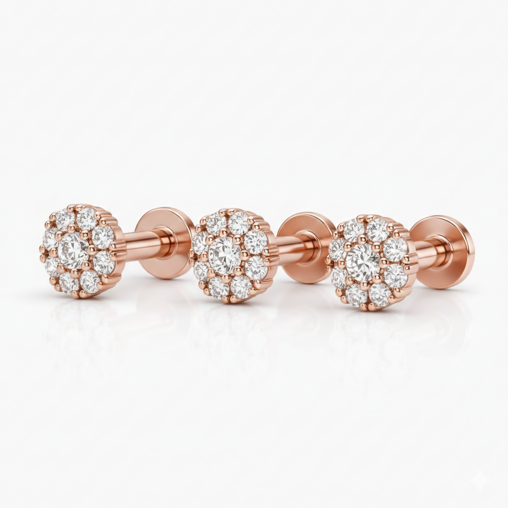 Rose gold flower stud earrings with flat back comfortable design shown on model