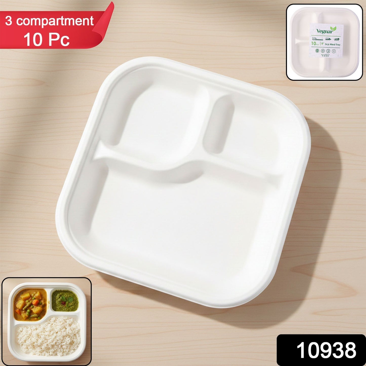 Vegnar Compostable Bagasse 3-Compartment Square Meal Plate