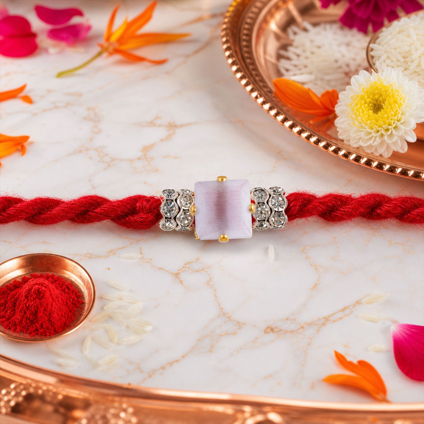 Red Twisted Cord Rakhi with a Bold Square Crystal Stone Pendant