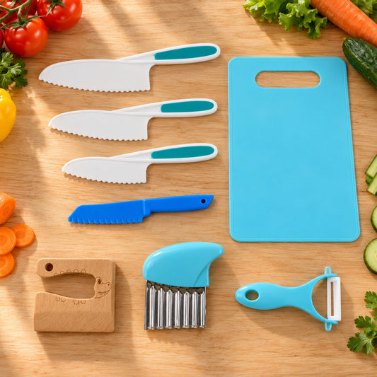 Kids Kitchen Set with Knives, Board, Peeler and Crinkle Cutter (8 In 1)