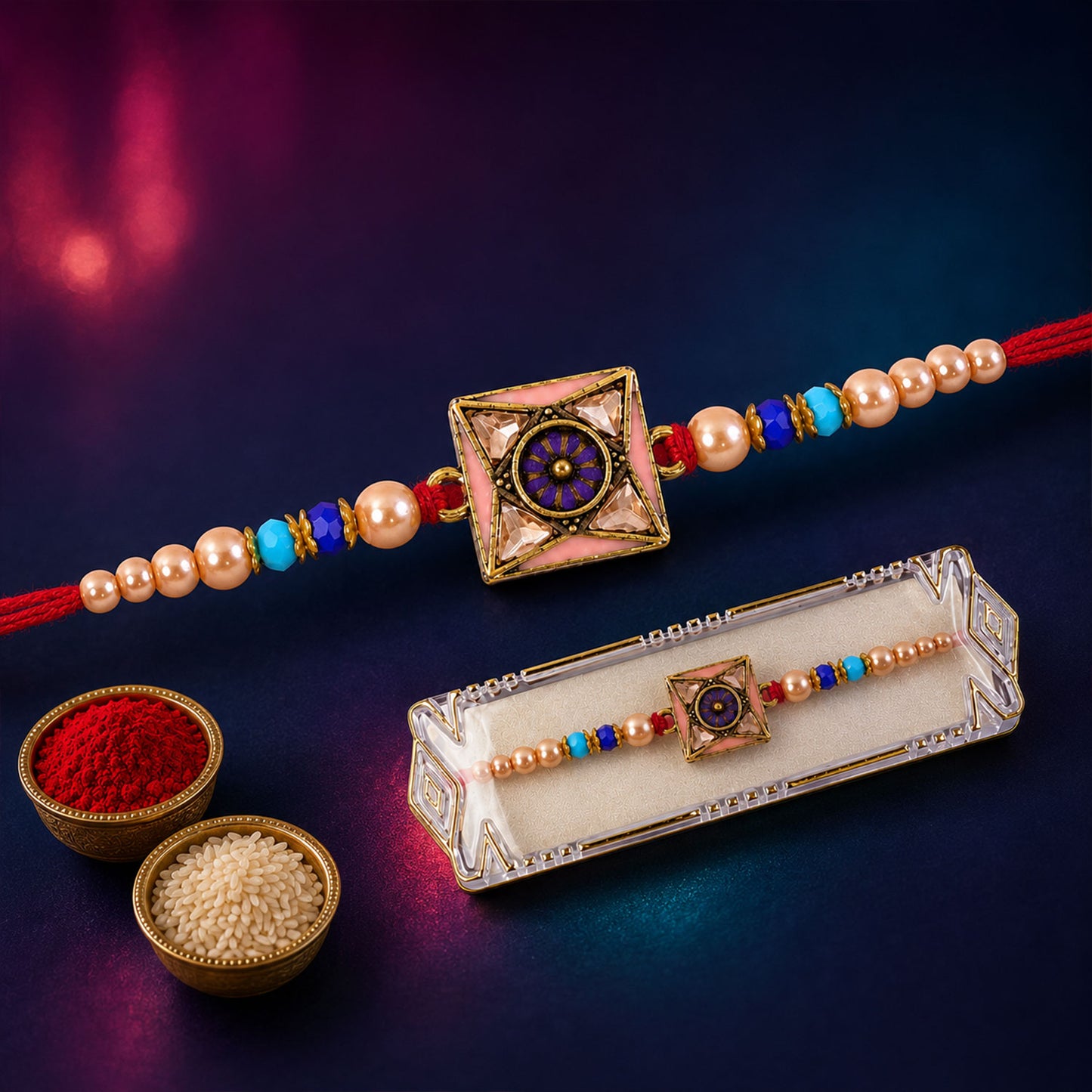 Royal Purple Meenakari Square Designer Rakhi for Brother with Pearls