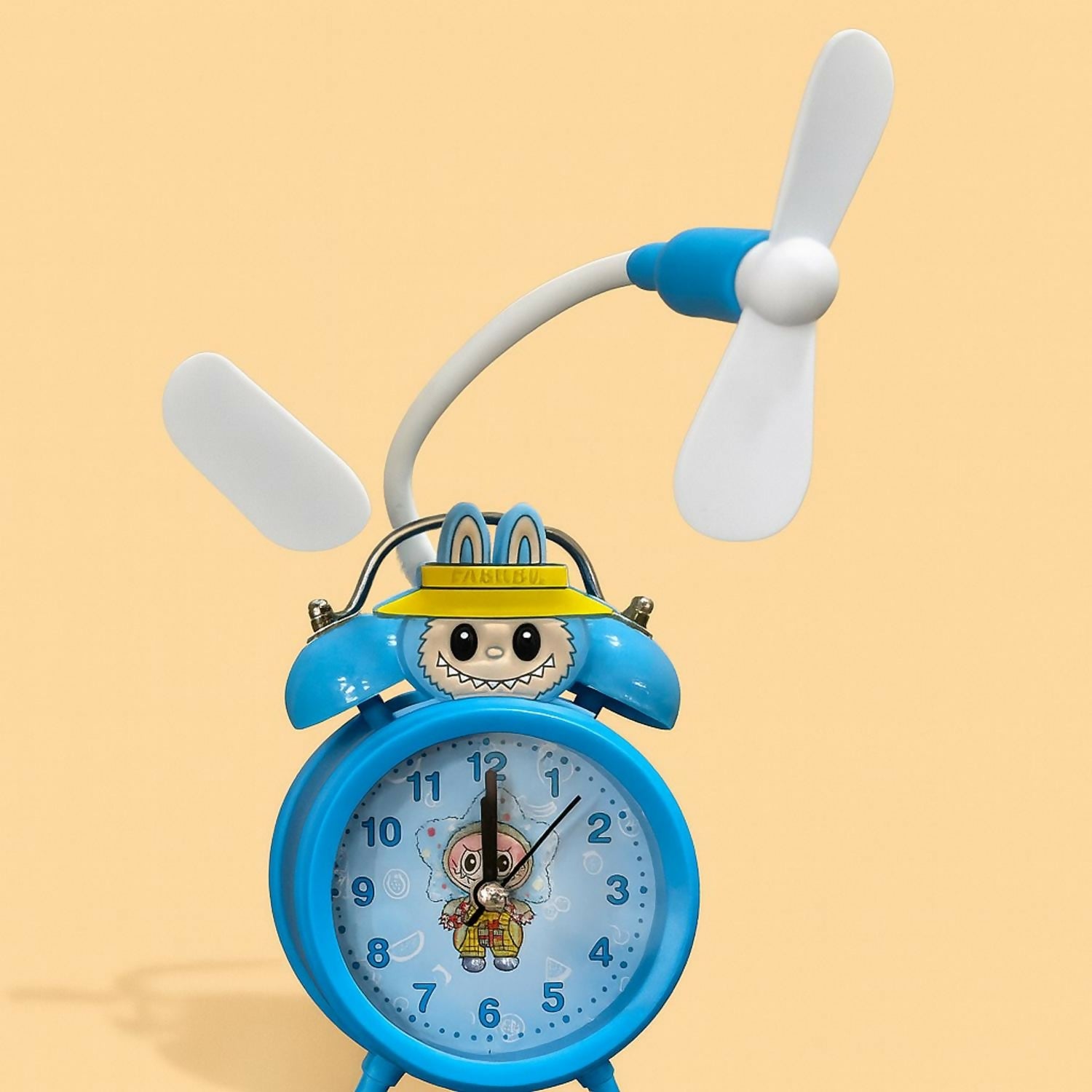 Cute Cartoon Character Alarm Clock with Cooling Fan | Dual Bell Retro Kids Table Clock | Loud Alarm, Battery Operated, Decorative Bedside Clock for Study, Bedroom & Gifts – Blue
