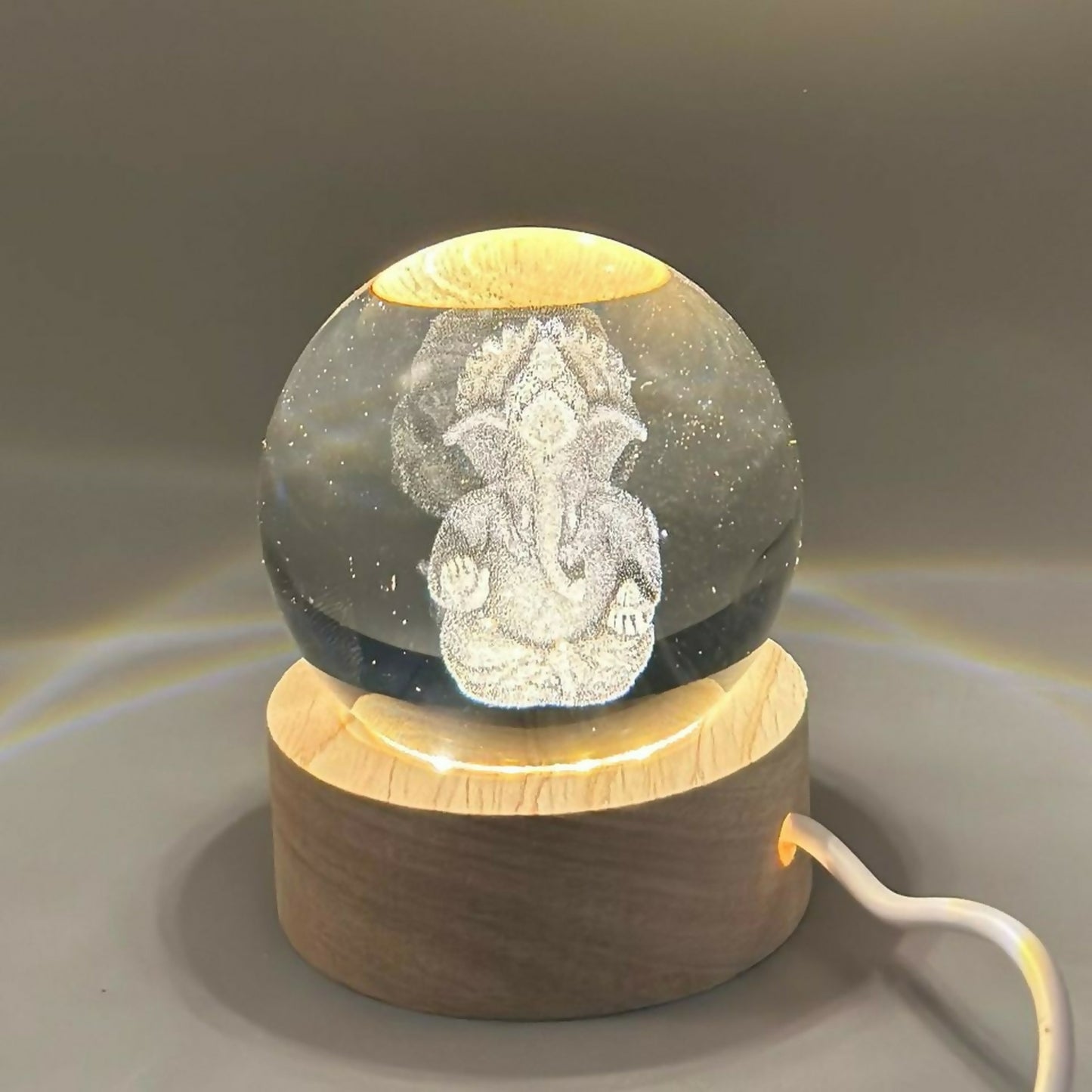 Ganesh 3D Crystal Ball LED Lamp with Wooden Base | USB Powered Night Light for Home Temple, Bedroom & Office | Spiritual Decorative Lamp for Gifting, Housewarming, Diwali & Meditation Décor
