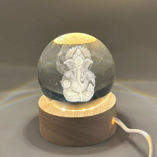 Ganesh 3D Crystal Ball LED Lamp with Wooden Base | USB Powered Night Light for Home Temple, Bedroom & Office | Spiritual Decorative Lamp for Gifting, Housewarming, Diwali & Meditation Décor