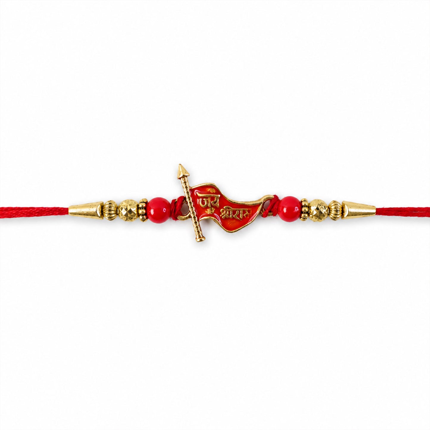Jay Shree Ram Red Meenakari Flag Rakhi with Gold Beads and Mauli Thread