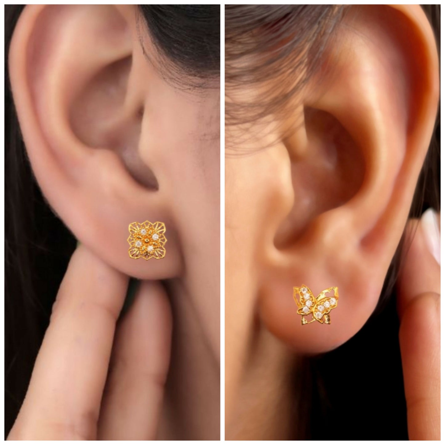 2 Pair Gold-Plated AD Stud Earrings: Butterfly & Floral Design for women and girls