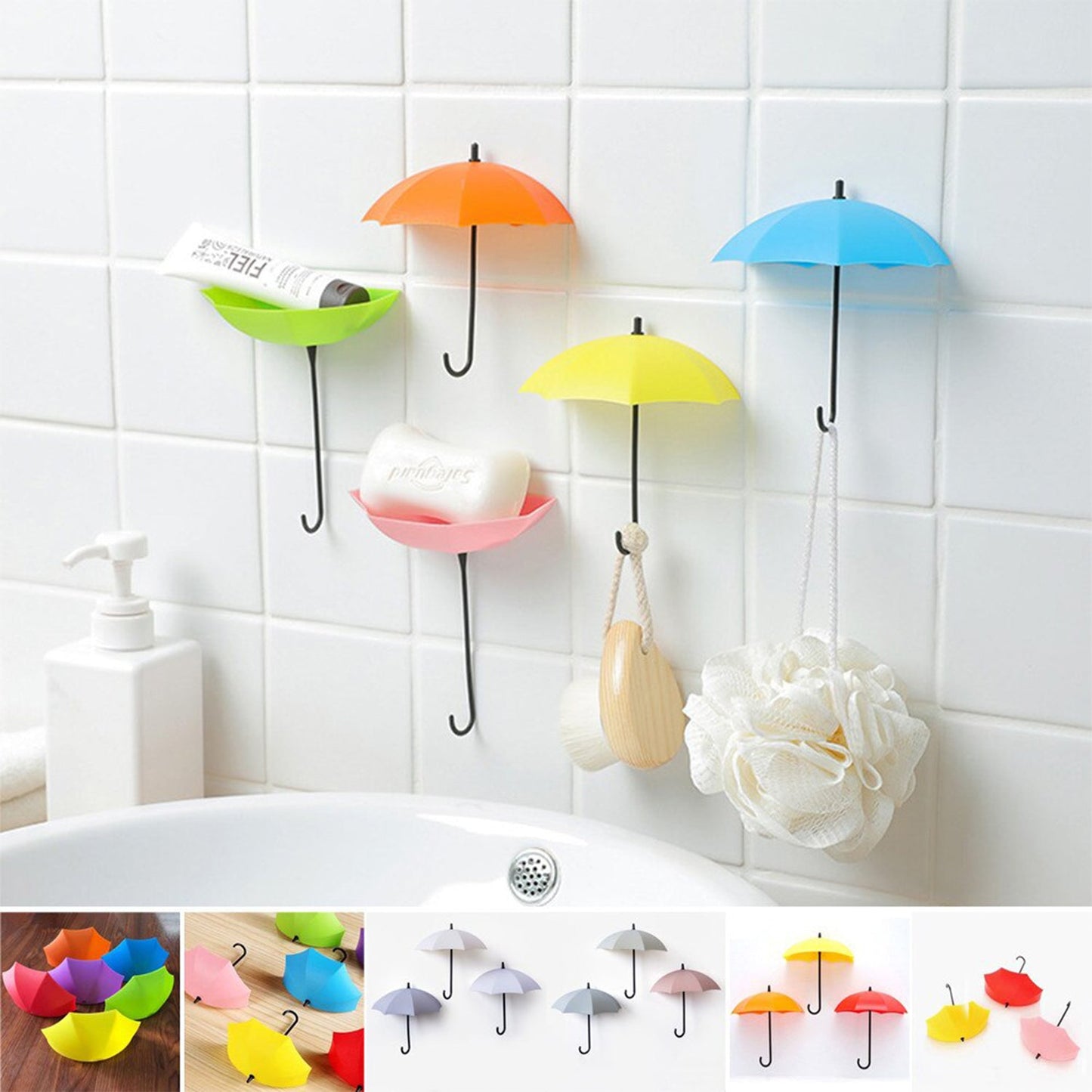 Wall-mounted umbrella hook organizing office supplies
