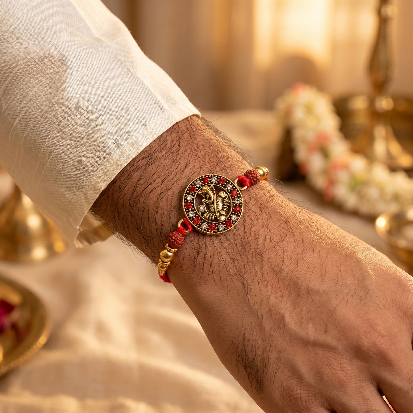 Golden Ganesh Rakhi for Boys with Red Thread and Rudraksha Beads