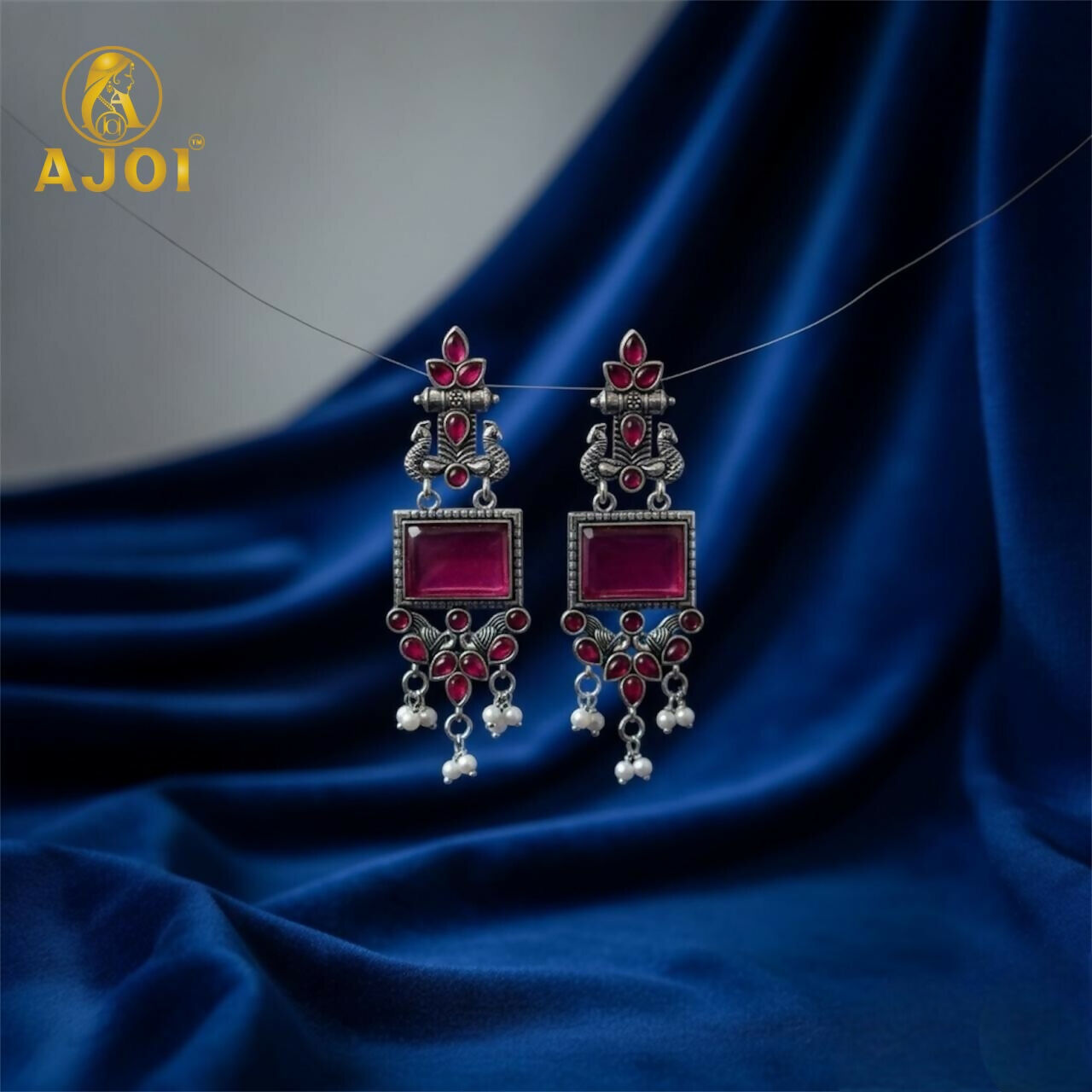 Pearl droplet hangings on pink bead antique silver earrings