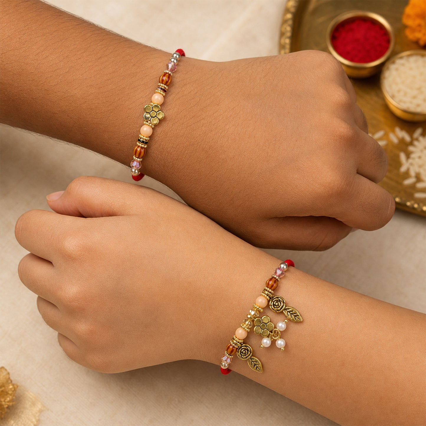 Floral Rose Lumba Couple Rakhi Set with Peach and Wooden Beads for Bhaiya Bhabhi