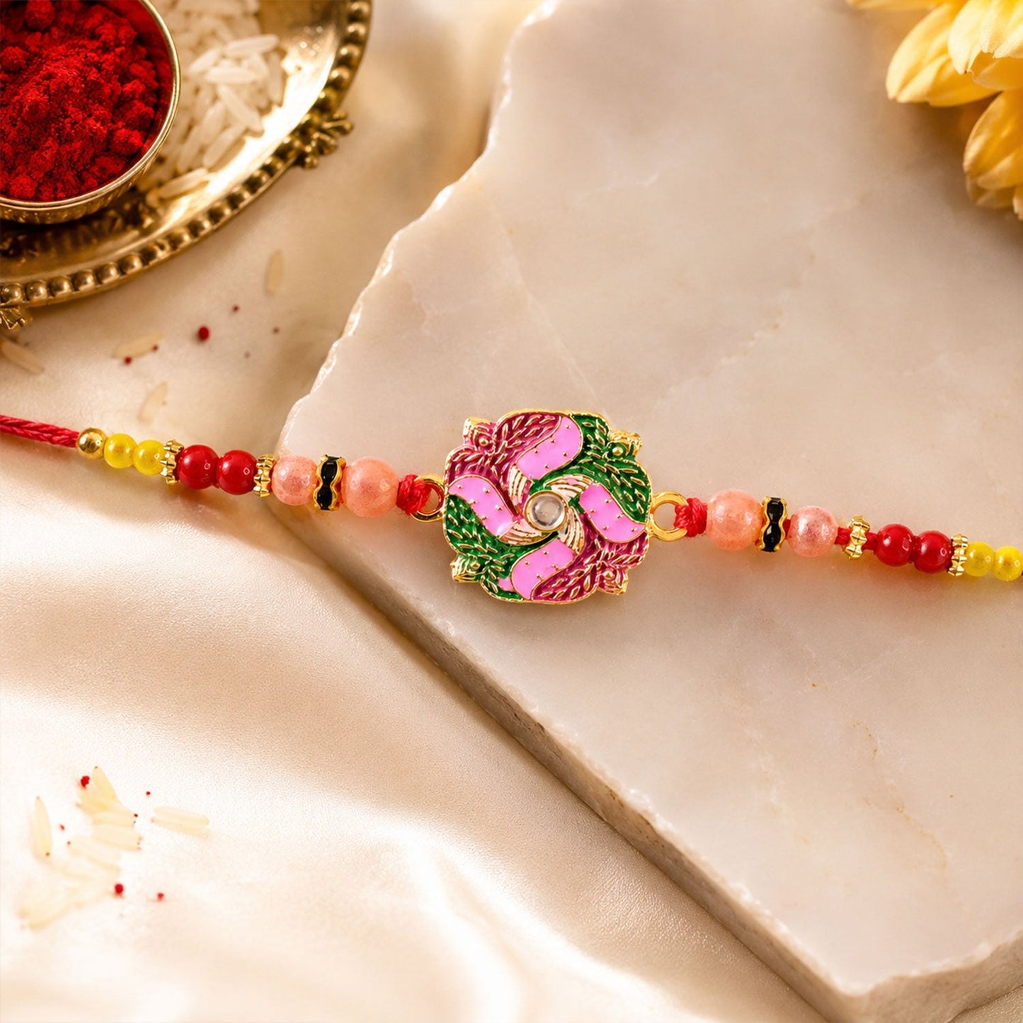 Round Swastik Stone Kundan Rakhi for Brother (5pcs)