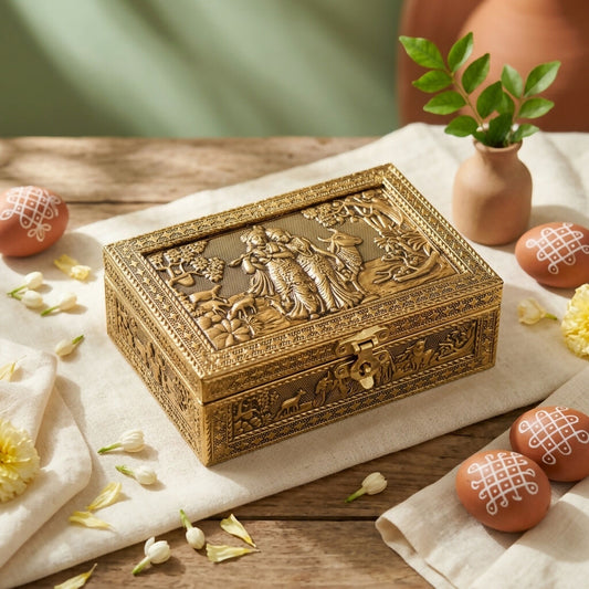 Golden embossed Radha Krishna metal jewelry box front view