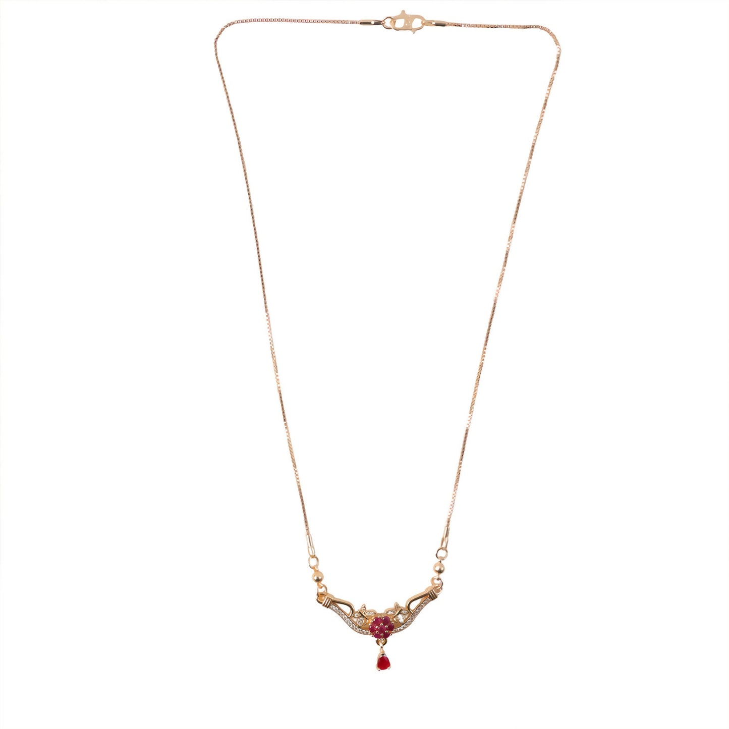 Elegant gold finish floral pendant necklace with sparkling stones and red drop